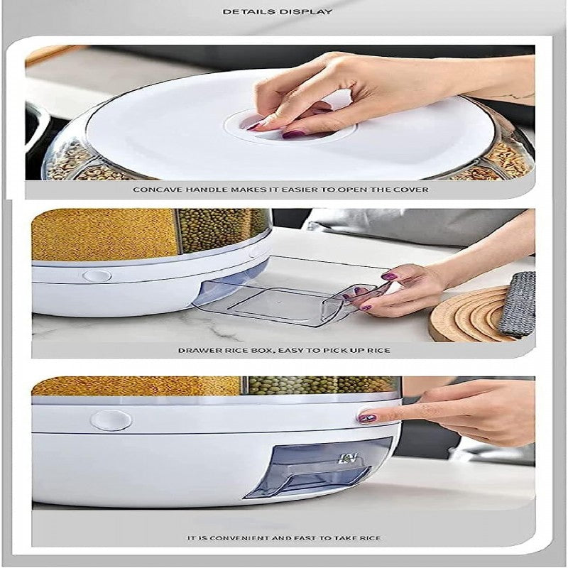 6 Grid Round Cereal Dispenser, 360° Rotatable Rice Barrels