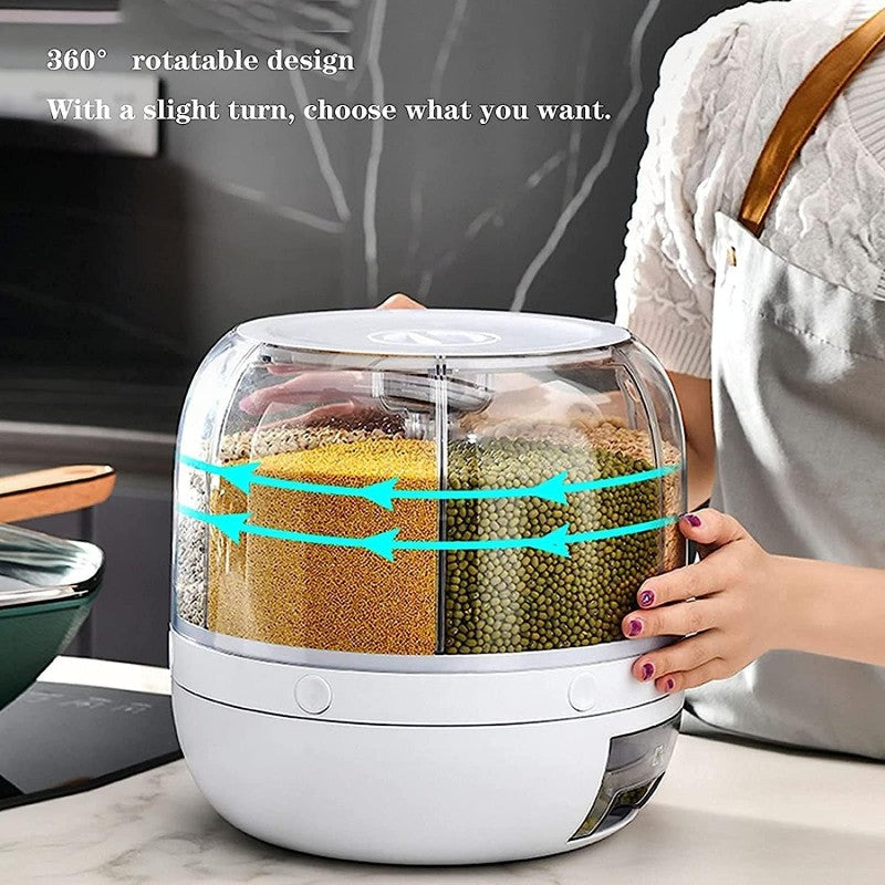 6 Grid Round Cereal Dispenser, 360° Rotatable Rice Barrels