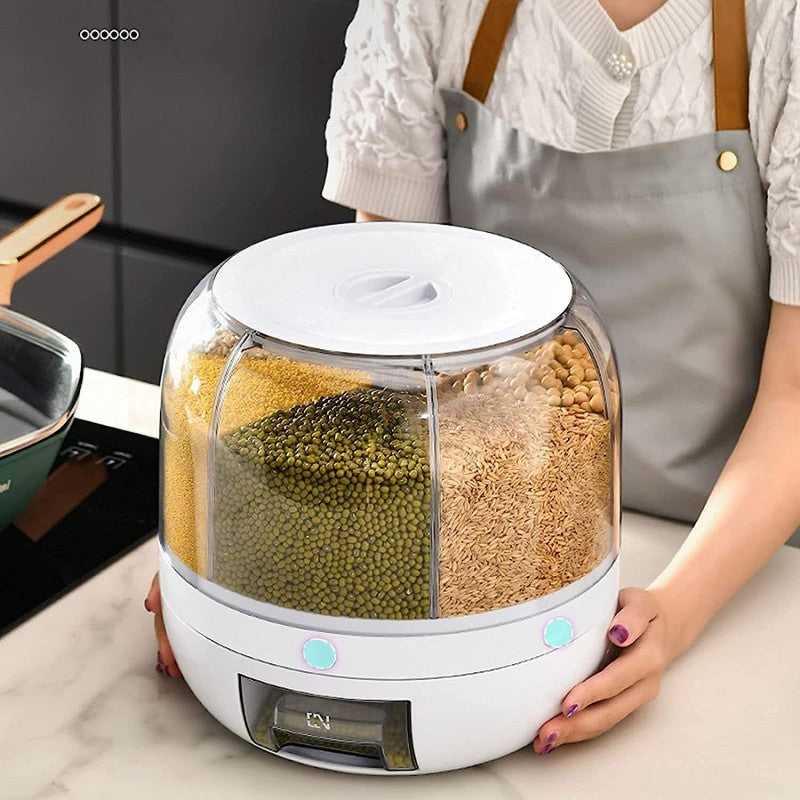 6 Grid Round Cereal Dispenser, 360° Rotatable Rice Barrels