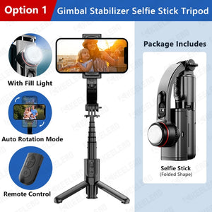 Anti-shake gimbal with selfie stick, tripod and L08 remote control